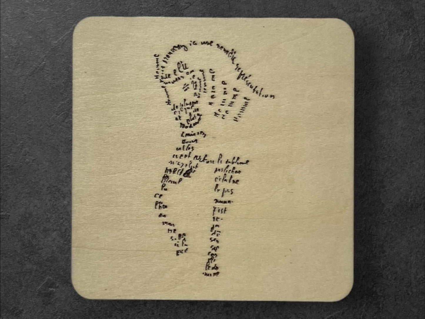 Sous Verres en Bois - Calligrammes de Guillaume Apollinaire - Crâne, Cheval, Portrait, Maison - Poésie en Image - Lot de 5 - Sous les Toits de Paris