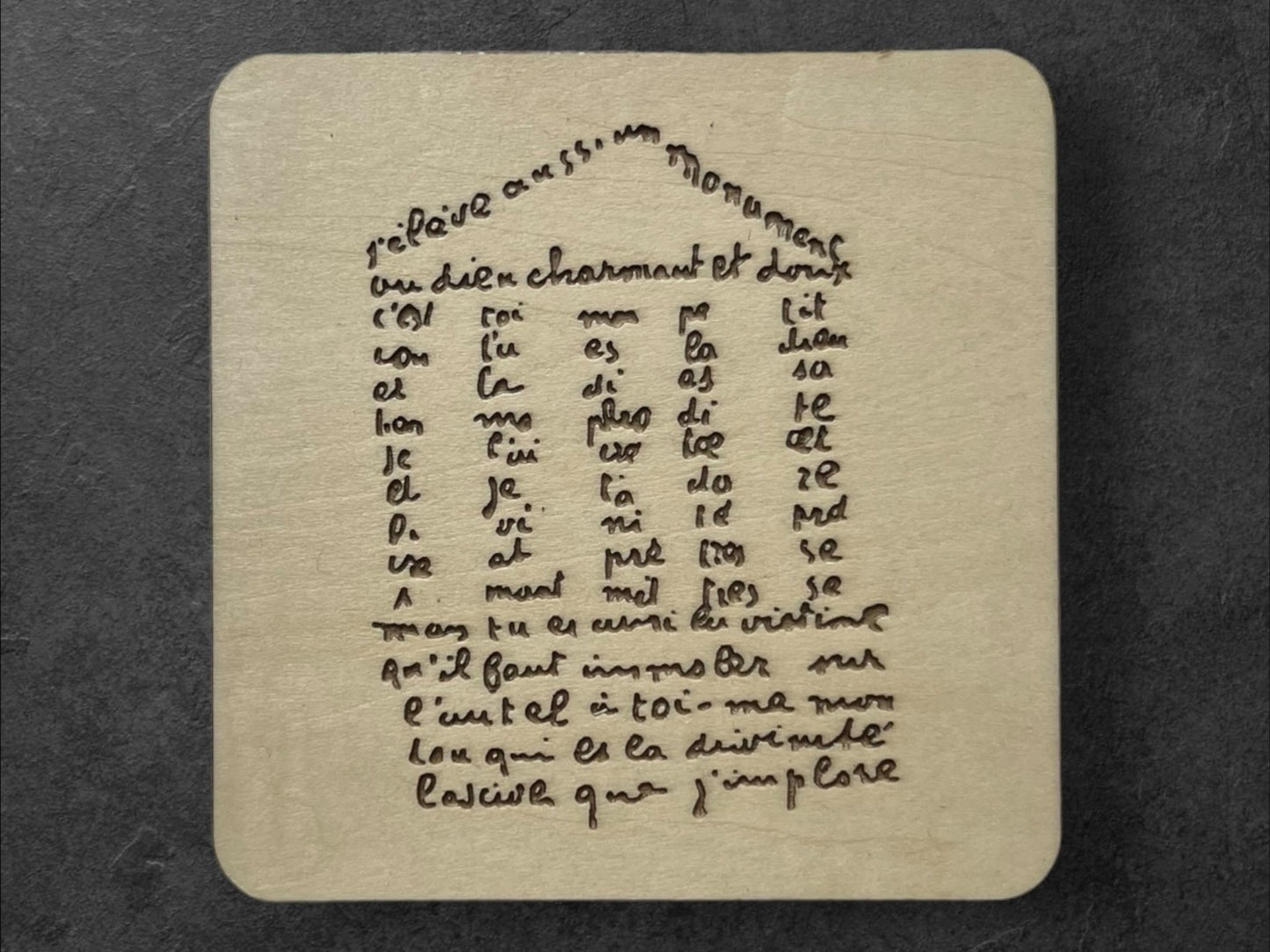 Sous Verres en Bois - Calligrammes de Guillaume Apollinaire - Crâne, Cheval, Portrait, Maison - Poésie en Image - Lot de 5 - Sous les Toits de Paris