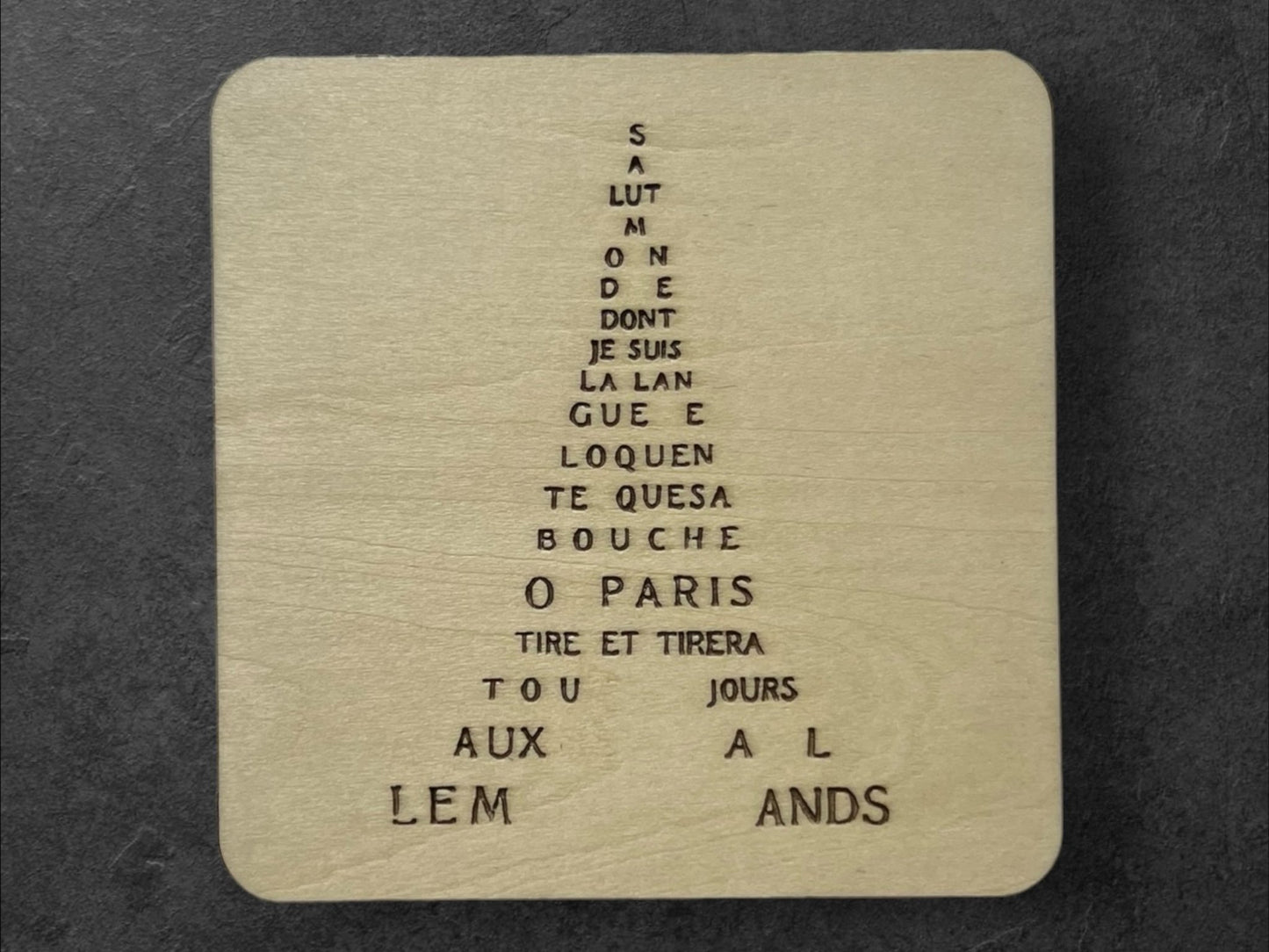 Sous Verres en Bois - Calligrammes de Guillaume Apollinaire - Crâne, Cheval, Portrait, Maison - Poésie en Image - Lot de 5 - Sous les Toits de Paris