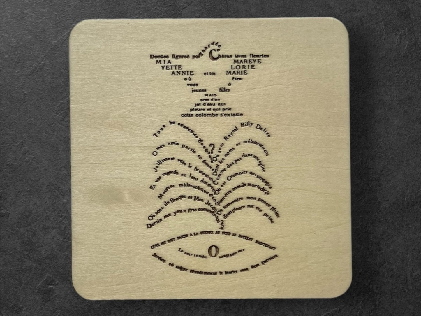Sous Verres en Bois - Calligrammes de Guillaume Apollinaire - Crâne, Cheval, Portrait, Maison - Poésie en Image - Lot de 5 - Sous les Toits de Paris