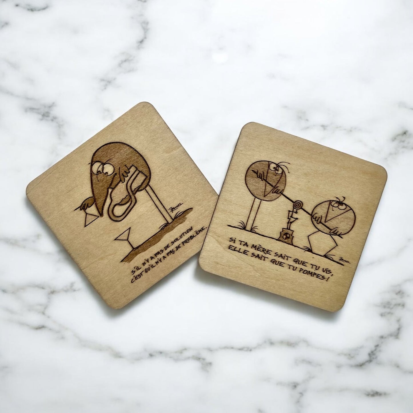 Sous Verres en Bois - Dessins des Shadoks - Je Pompe Donc Je Suis - Lot de 2 - Sous les Toits de Paris