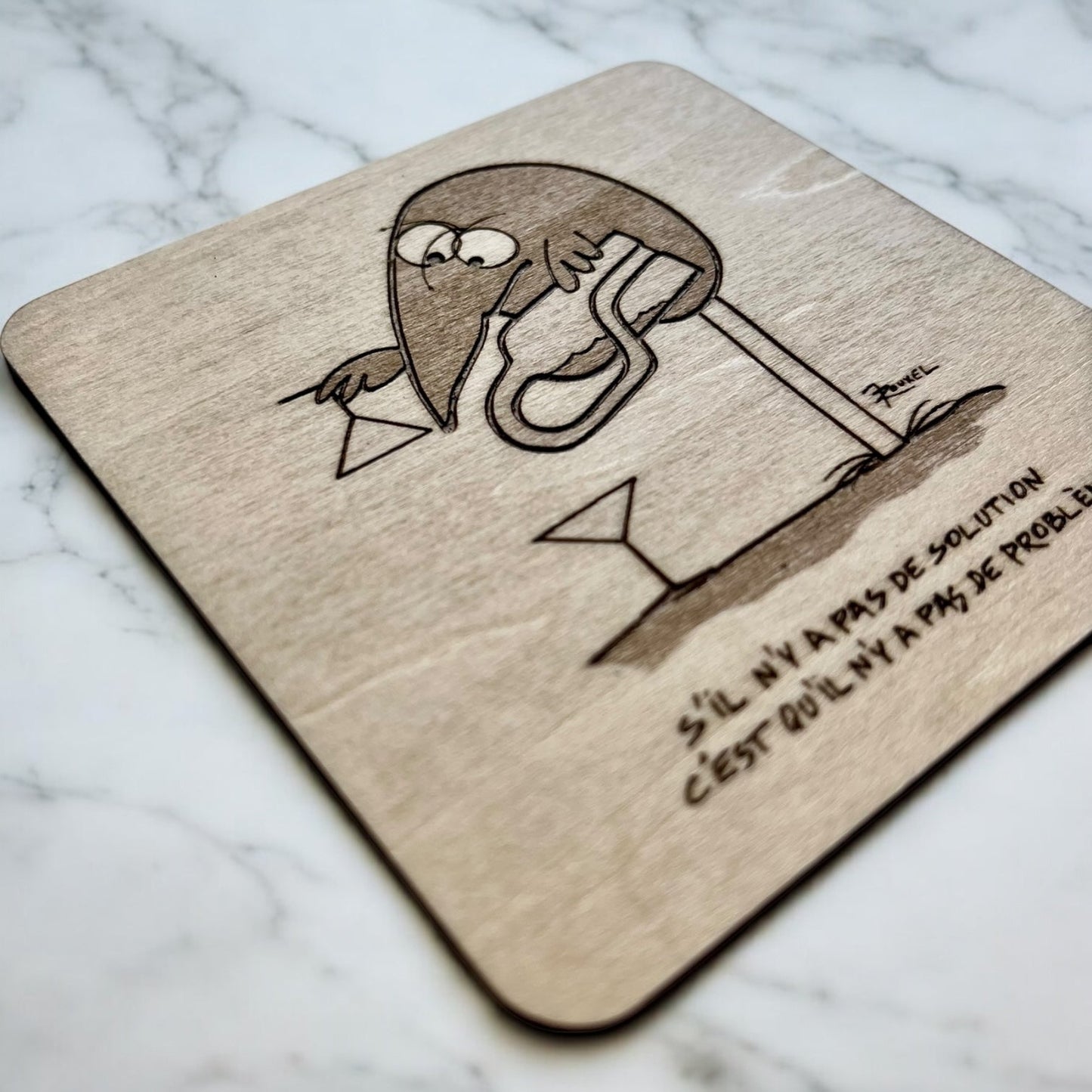 Sous Verres en Bois - Dessins des Shadoks - Je Pompe Donc Je Suis - Modèle 1 - Sous les Toits de Paris