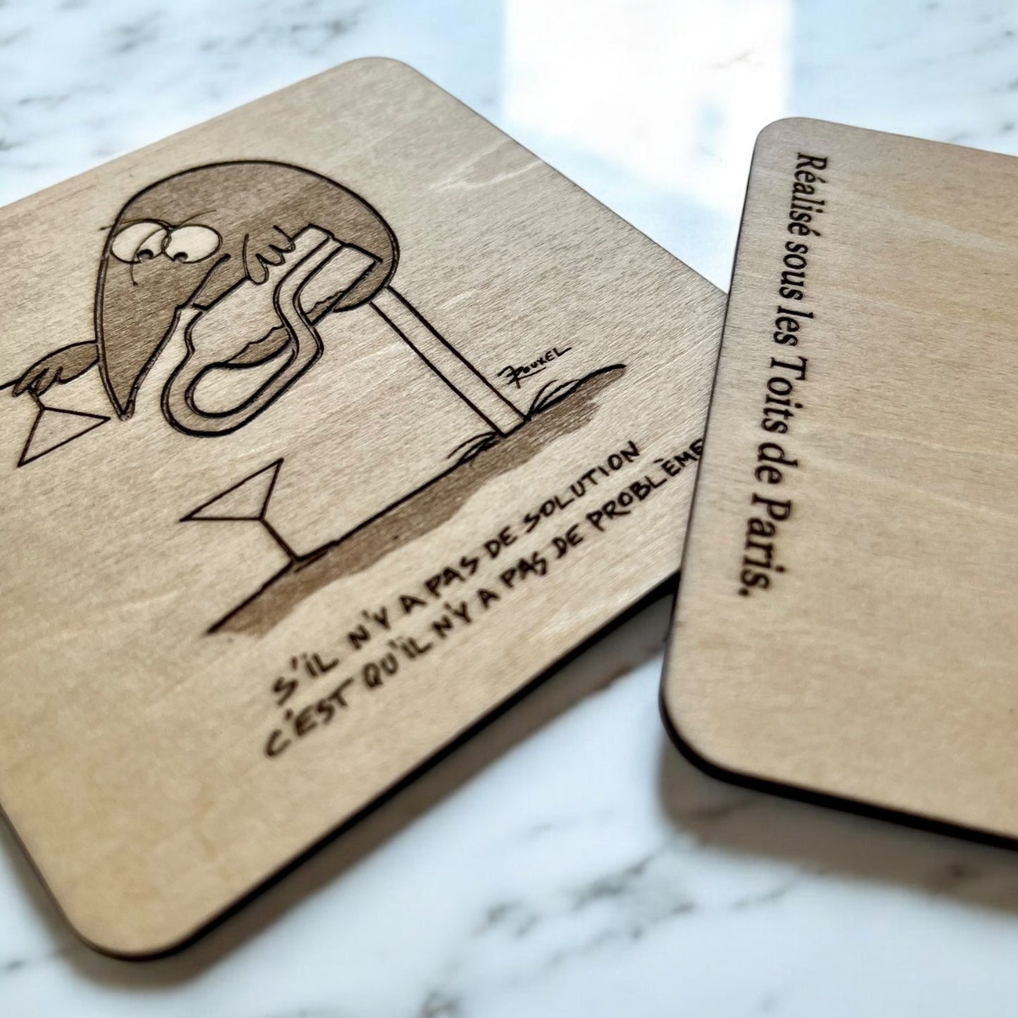 Sous Verres en Bois - Dessins des Shadoks - Je Pompe Donc Je Suis - Modèle 2 - Sous les Toits de Paris