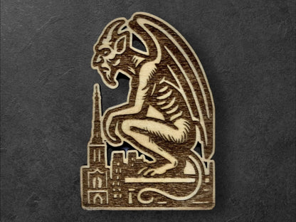 Gargouilles de Paris Mediéval - Stryge et Gothique - Sculpture et/ou Aimant pour Réfrigérateur en Bois / Magnet pour Frigo - Sculpture 2D - Sous les Toits de Paris