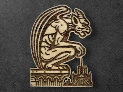 Gargouilles de Paris Mediéval - Stryge et Gothique - Sculpture et/ou Aimant pour Réfrigérateur en Bois / Magnet pour Frigo - Sculpture 2D - Sous les Toits de Paris