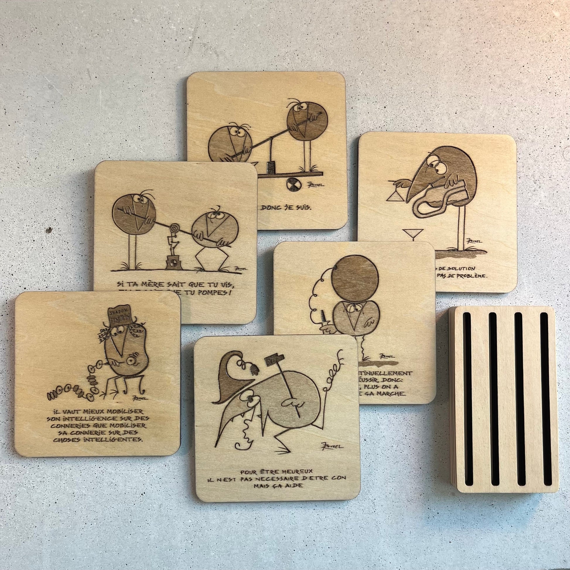 Sous - Verres en Bois - Dessins des Shadoks - Je Pompe Donc Je Suis - Modèle 2 - Sous les Toits de Paris