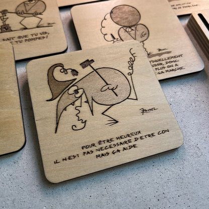 Sous - Verres en Bois - Dessins des Shadoks - Je Pompe Donc Je Suis - Modèle 2 - Sous les Toits de Paris