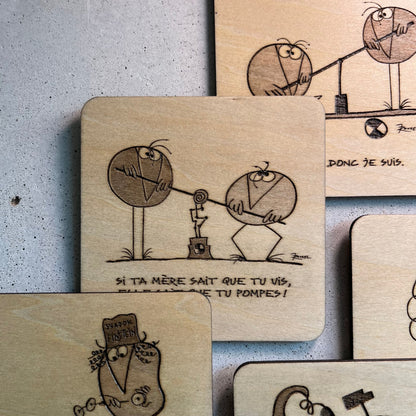 Sous - Verres en Bois - Dessins des Shadoks - Je Pompe Donc Je Suis - Modèle 2 - Sous les Toits de Paris